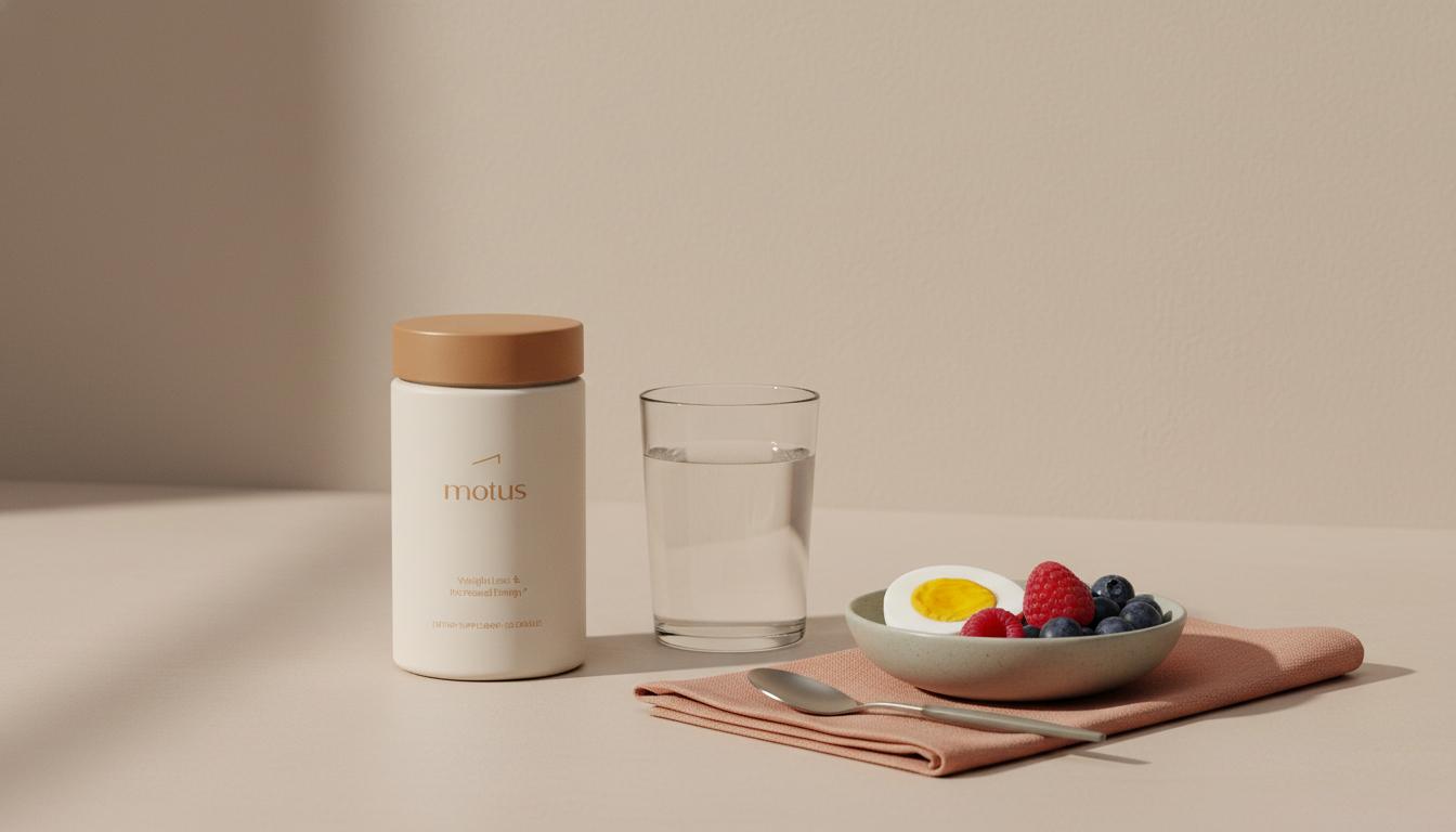 Minimalist kitchen counter with Tonum Motus container beside water and a bowl of boiled eggs and berries, conveying nutrition and daily habits supporting liver health and liver failure symptoms.