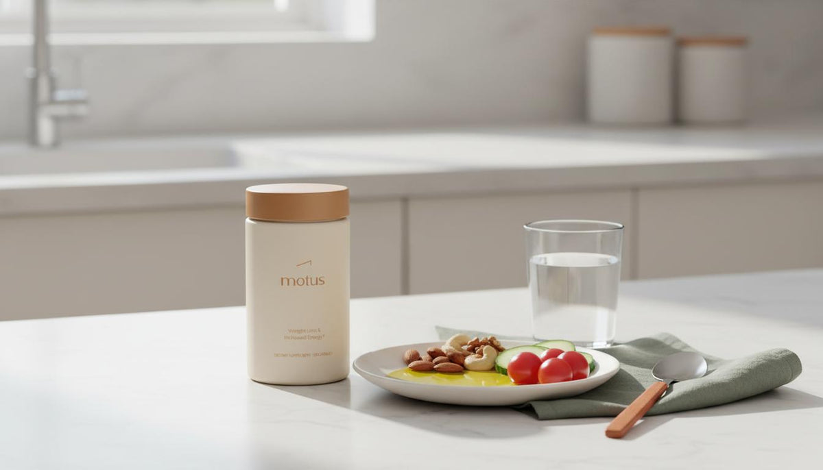 Minimalist kitchen counter with Tonum Motus supplement container beside whole foods and a glass of water, evoking liver function metabolism balance and approachable science.