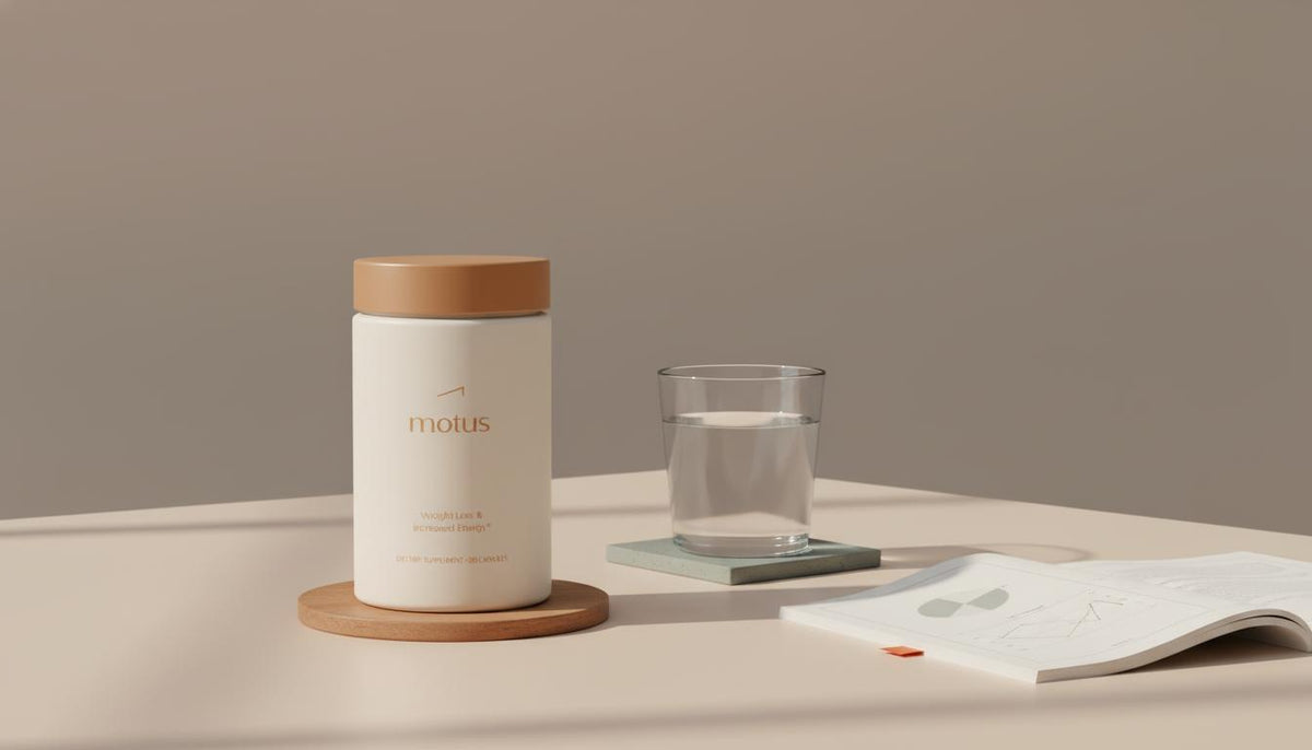Minimalist tabletop scene with the Tonum Motus supplement container beside a glass of water and a folded research paper showing a chart, calm clinical-meets-lifestyle mood focused on liver lipid metabolism.