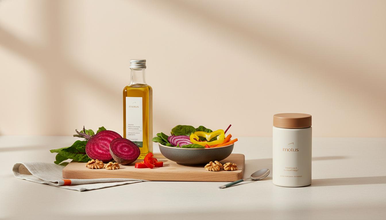 Minimalist kitchen counter with olive oil, mixed vegetables, walnuts and a discreet Tonum Motus container suggesting practical steps in a liver repair timeline and improved metabolic health.