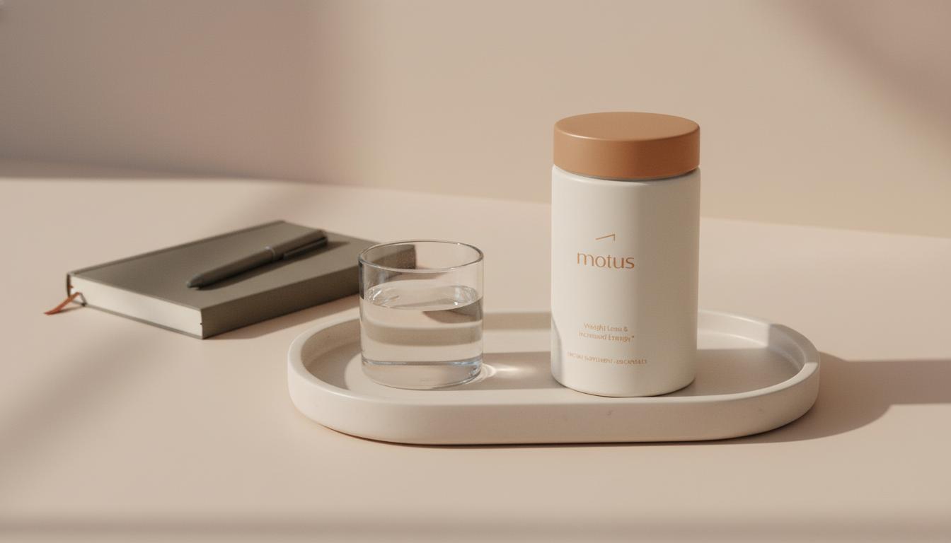 Minimal still-life of Tonum Motus bottle on ceramic tray with glass of water and journal on pale beige background, emphasizing liver supplements for fatty liver