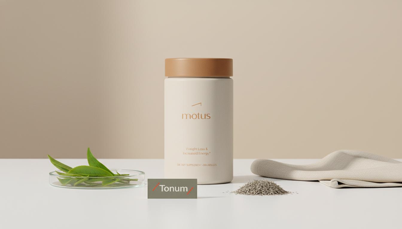 Tonum Motus supplement container on a clean lab table with a petri dish of green tea leaves and a small pile of milk thistle seeds, minimalist clinical-wellness scene — liver supplements for weight loss