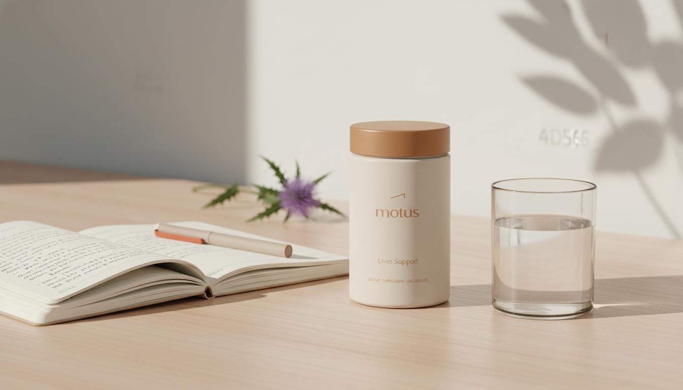 Minimalist still-life of Tonum supplement jar labeled 'Liver Support' beside a glass of water and open lab notebook on light wood table, suggesting liver supplements.