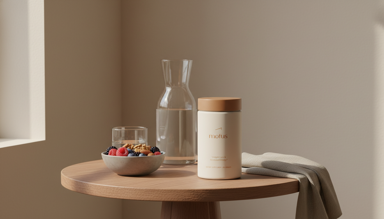 Minimal still-life of Tonum Motus supplement jar on a wooden table with berries, carafe and linen, soft morning light — lose 10 pounds in 2 weeks on keto