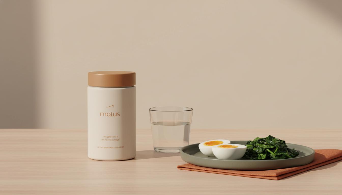 Minimalist wooden table with Tonum Motus supplement jar, glass of water and plate of eggs and spinach on beige background, promoting how to lose 20 lbs in 60 days.