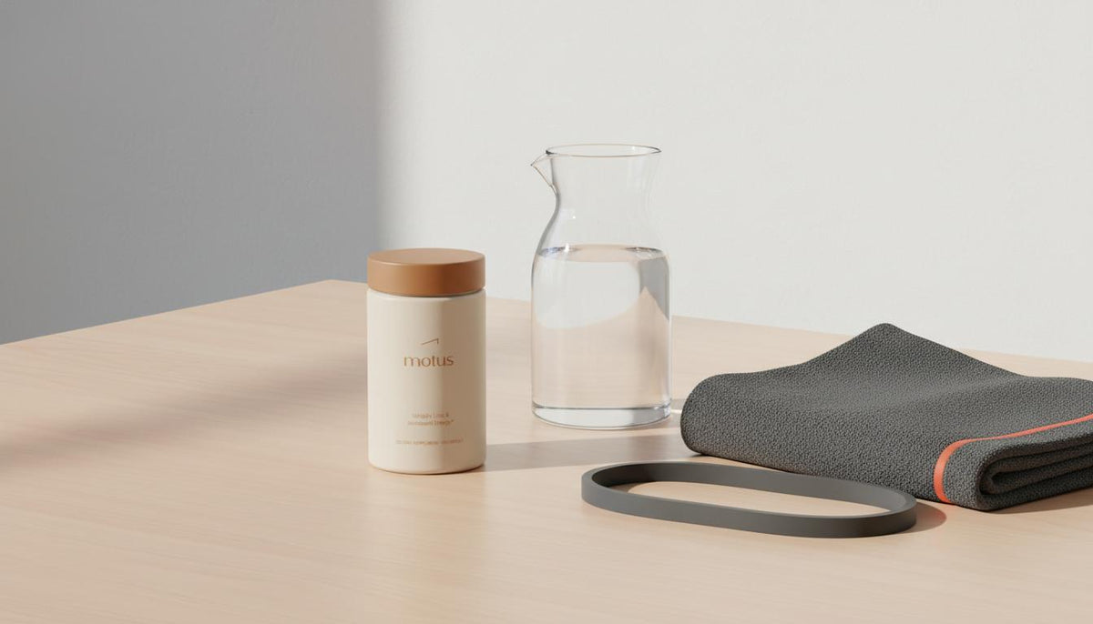 Minimalist still life of the Motus supplement container with a glass carafe, folded towel and resistance band on a wooden table, suggesting how to lose 20 pounds in a month.