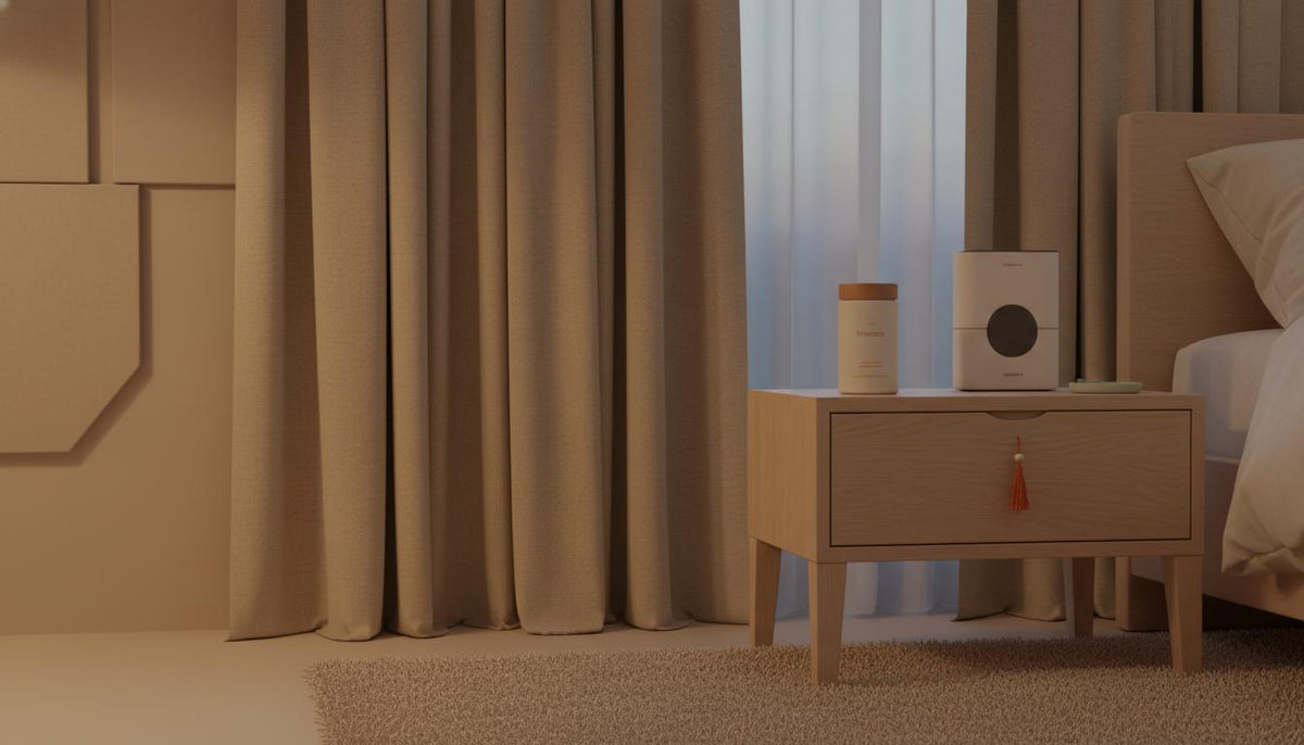 Minimal dusk bedroom scene with Tonum Nouro supplement jar and white-noise machine on a bedside table, acoustic elements and warm indirect lighting to support routines to lose 20 pounds on GLP-1