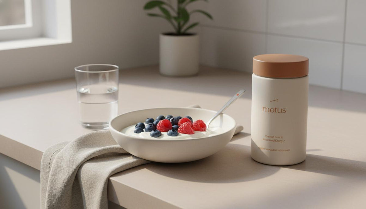 Neutral kitchen counter with Tonum Motus bottle beside Greek yogurt and berries and a glass of water, minimalist scene to illustrate how to lose 30 lbs in 3 months.