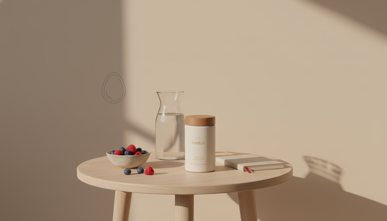 Minimalist morning bedroom scene with Tonum Motus supplement jar on a wooden table beside a glass carafe, notebook and berries against warm beige background — lose 40 pounds in 3 months