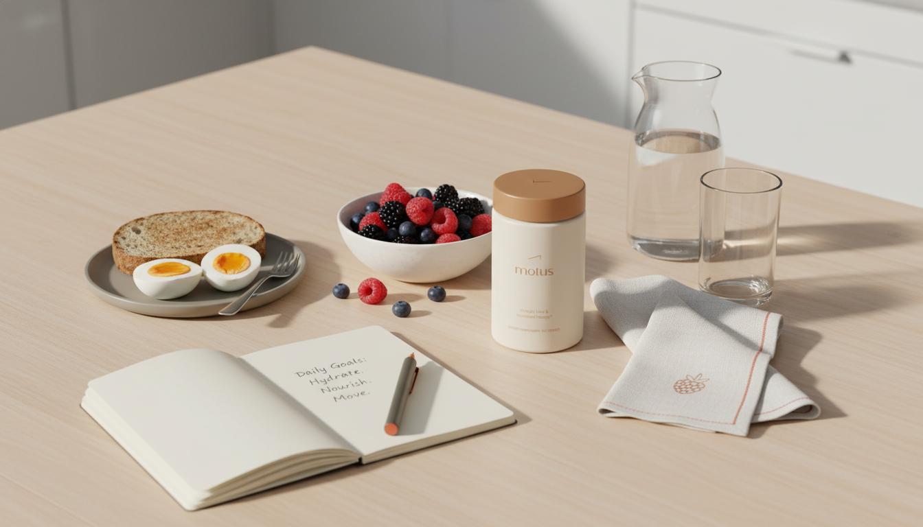 Minimalist kitchen table with Tonum Motus supplement jar beside a bowl of berries, whole-food breakfast, notebook and water carafe in soft morning light to support lose belly fat fast men