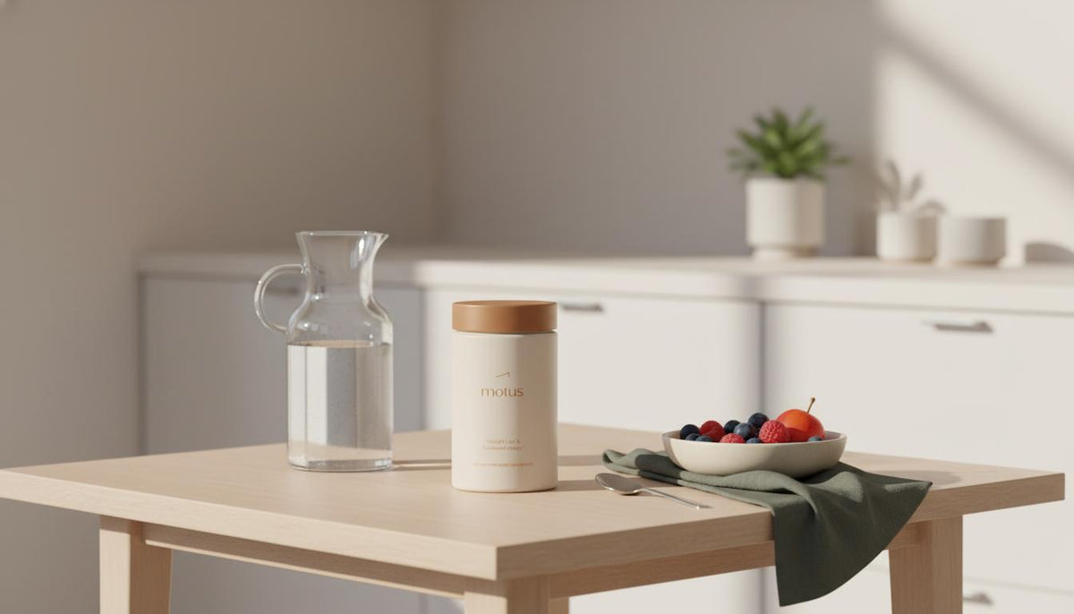 Minimal kitchen scene with Tonum Motus supplement beside a water carafe and bowl of mixed berries on a wooden table, minimalist wellness setup to lose belly fat fast.