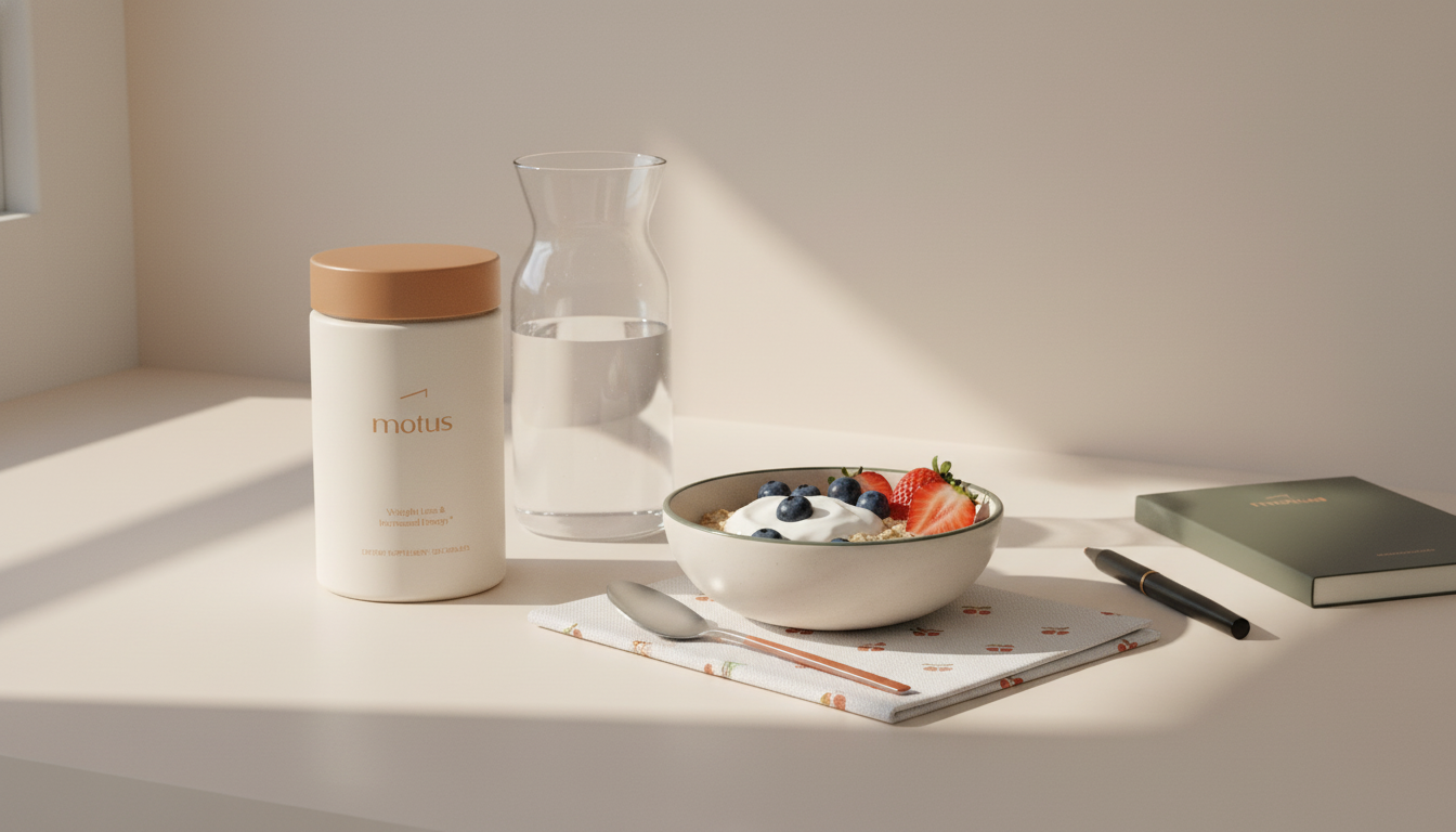 Minimalist kitchen scene with Tonum Motus supplement jar beside a bowl of oats and a carafe of water — visual to promote how to lose belly fat fast through daily, research-backed habits.