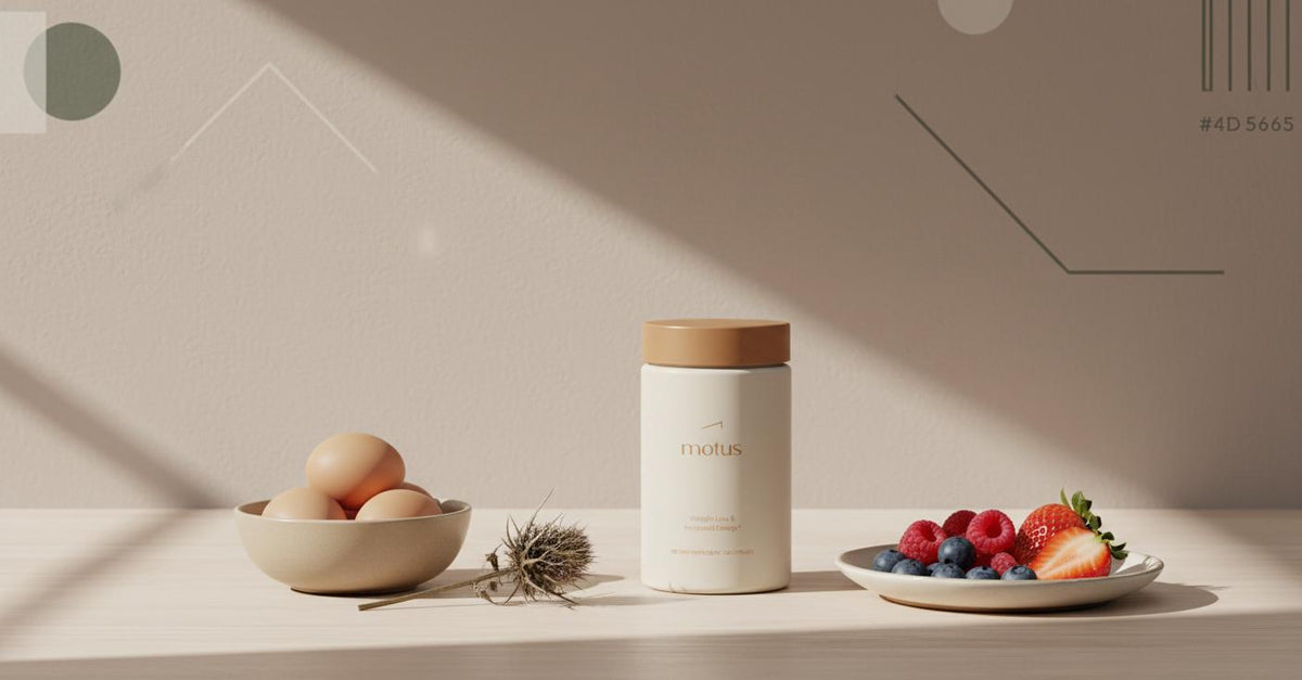 Minimalist kitchen scene with Motus supplement jar beside eggs, milk thistle and berries, suggesting balanced nutrition and evidence-based habits to lose belly fat fast.