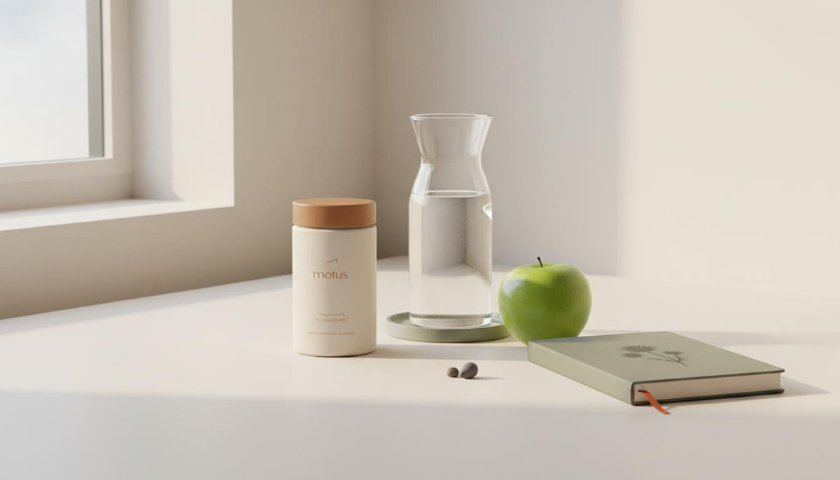 Minimalist morning counter with Tonum Motus supplement jar, glass carafe, fruit and journal, styled in Tonum brand colors to suggest routines to lose belly fat in a week.