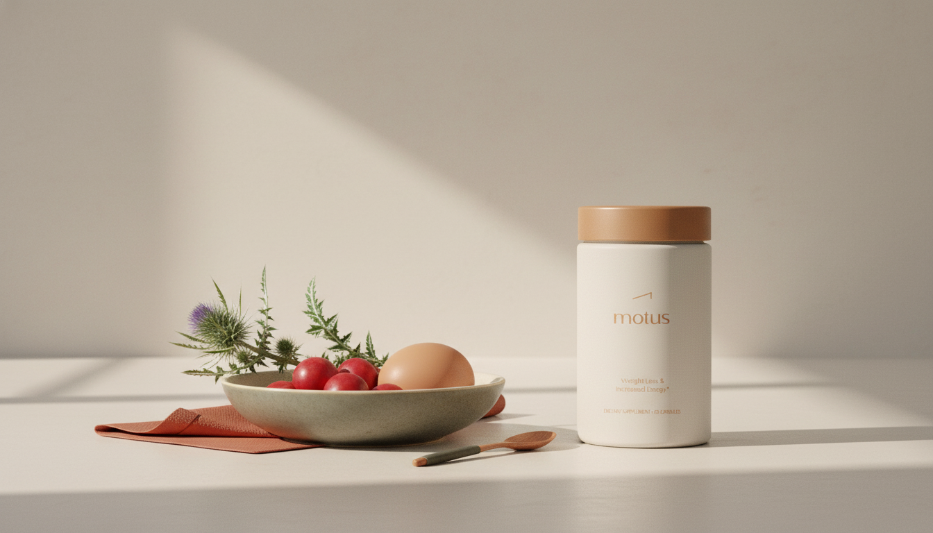 Minimalist kitchen counter with Tonum supplement jar, bowl of berries, an egg and milk thistle, conveying routine to lose fat in 7 days for men.