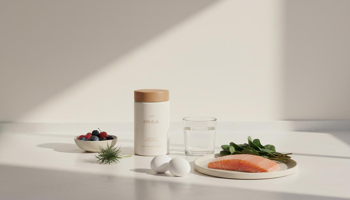 Minimal kitchen counter with berries, salmon, eggs and a Tonum Motus jar beside water, evoking a calm science-meets-nature routine to lose tummy fat quickly