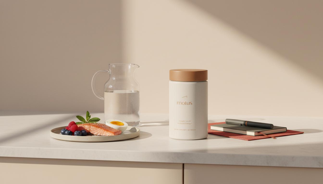 Minimalist kitchen counter with Tonum Motus supplement beside salmon, egg, berries, notebook and water in a calm clinical-meets-lifestyle scene suggesting ways to lose weight without exercise