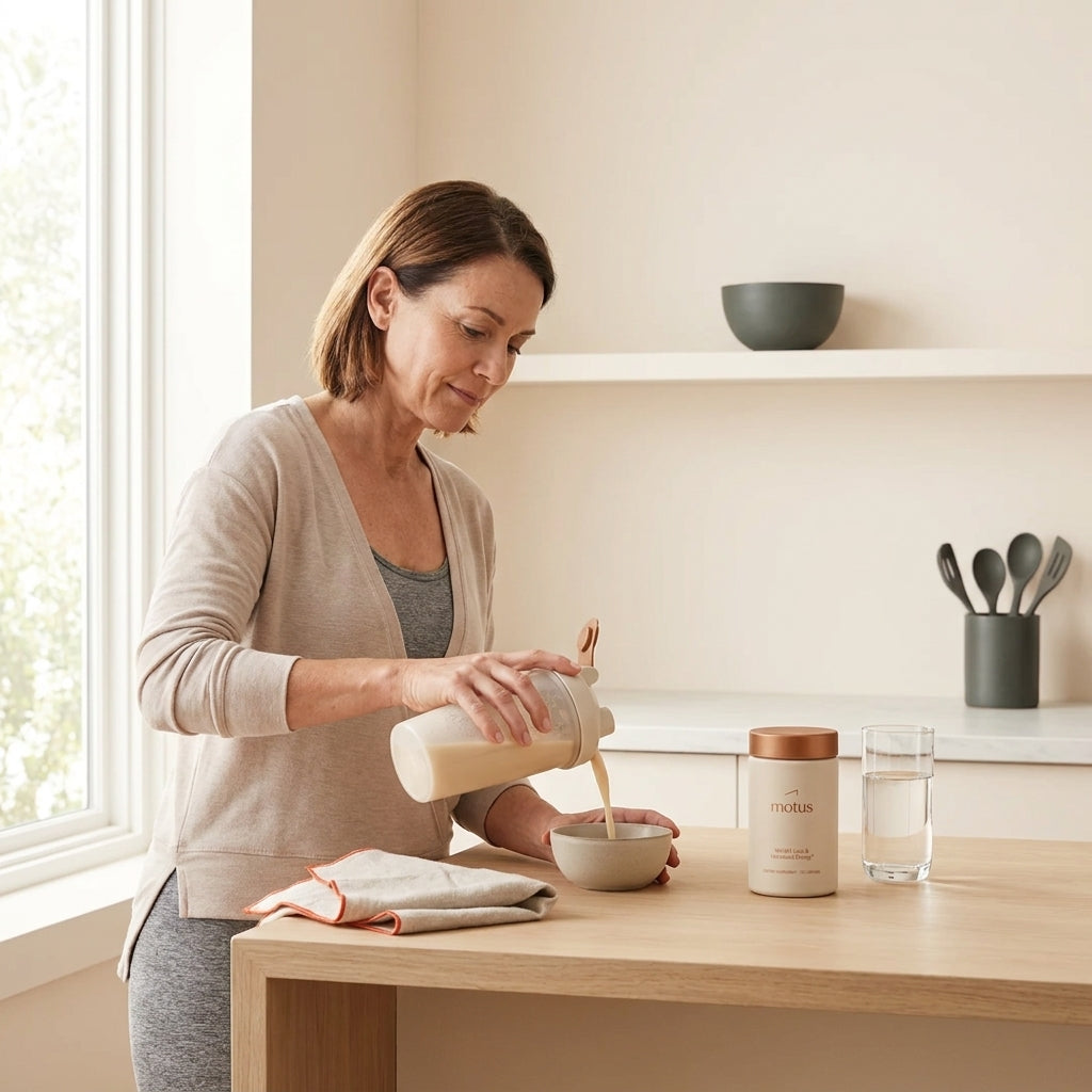 Midlife woman preparing a protein-focused breakfast at a clean kitchen counter with the Tonum Motus jar nearby, illustrating losing weight while premenopausal through evidence-based nutrition.