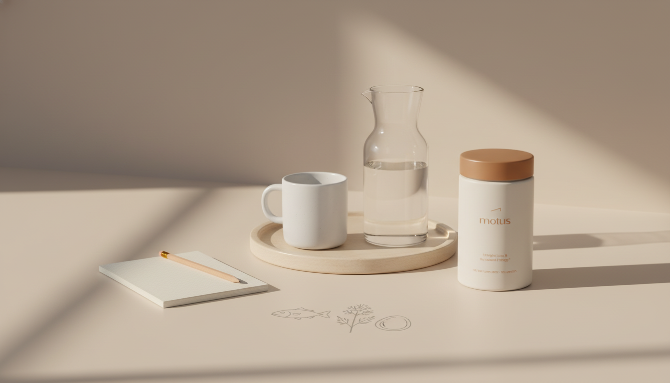 Minimalist kitchen counter with a wooden tray holding a ceramic mug, water carafe and a partially cropped Tonum supplement jar, notebook and embossed fish, egg and milk thistle icons — low B12 symptoms