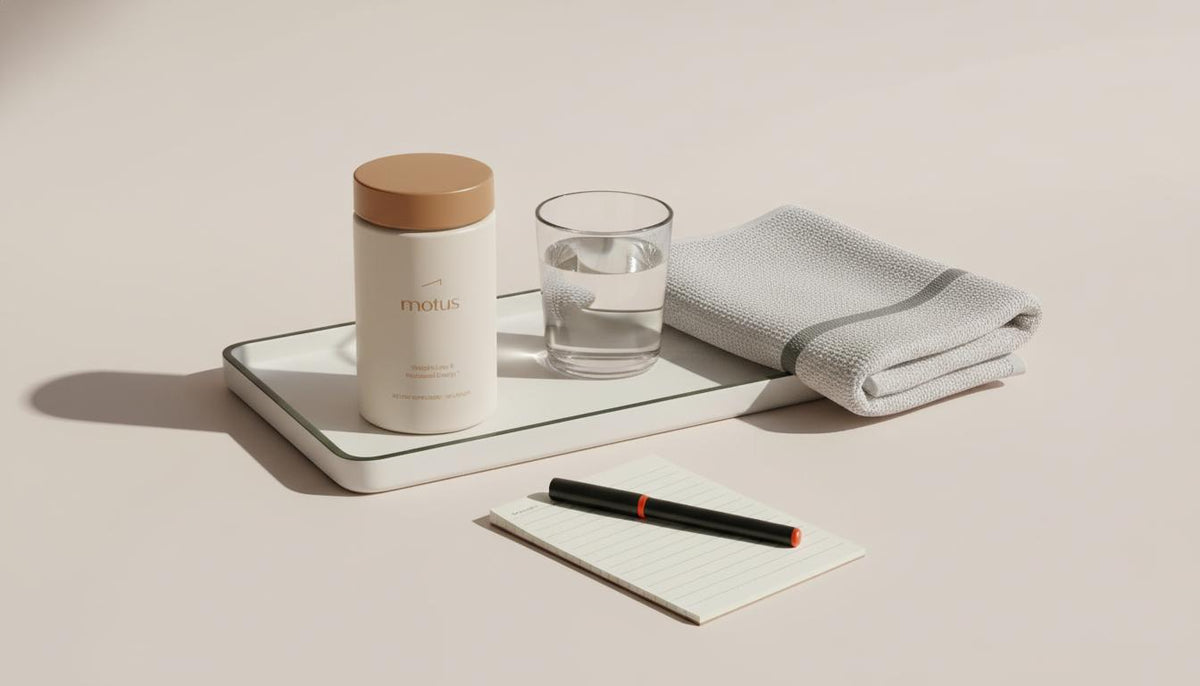 Minimalist flat-lay of Tonum supplement jar on a beige tray with glass of water, towel and notepad, suggesting simple steps to improve low metabolic rate.