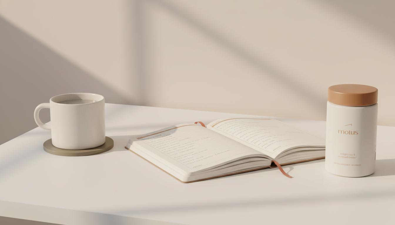 Minimalist bedside scene with Tonum Nouro container, open research notebook and water mug suggesting a calm morning routine for low serotonin or low dopamine