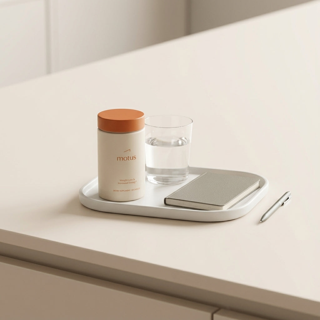 Minimalist kitchen counter with a glass of water, notebook and Tonum supplement on a white tray in a calm clinical-lifestyle composition to lower a1c naturally.