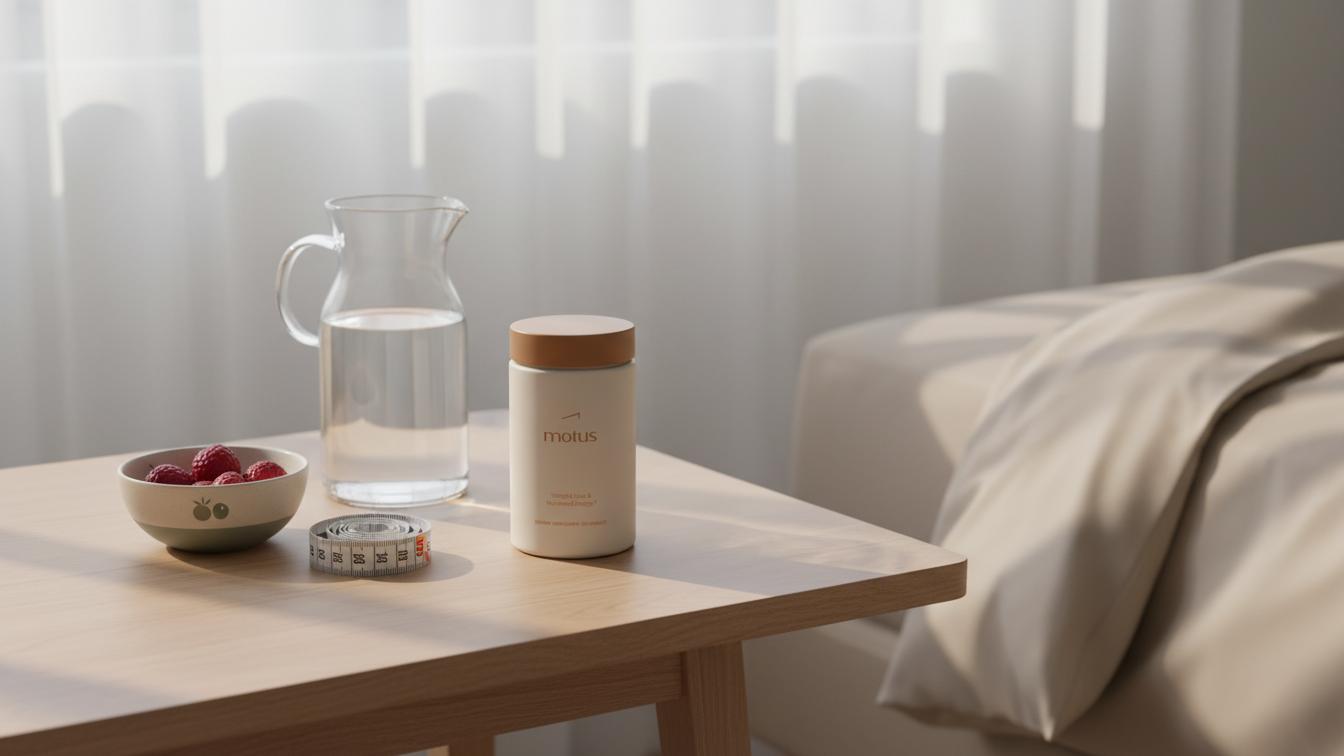 Minimalist morning scene with Tonum Motus jar beside a glass carafe, bowl of berries and rolled measuring tape on a light wooden table, focused on lower belly pooch wellness.