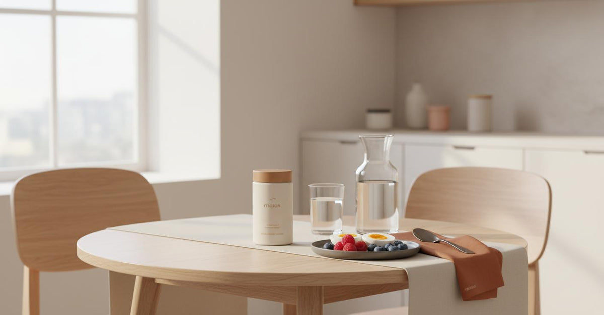 Minimalist kitchen morning scene with Tonum Motus supplement jar beside carafe and a plate of eggs and berries, suggesting support for lower belly pooch.