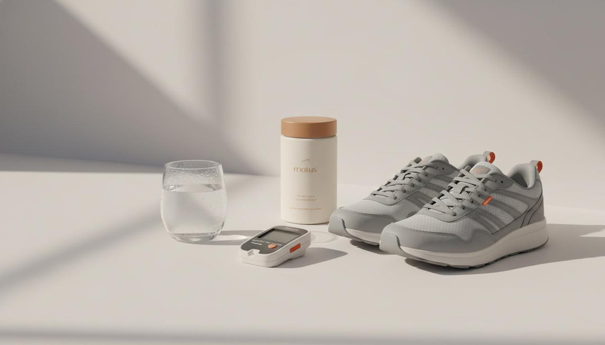 Minimalist tabletop with glass of water, walking shoes, glucometer and Tonum Motus container illustrating ways to lower blood sugar fast.