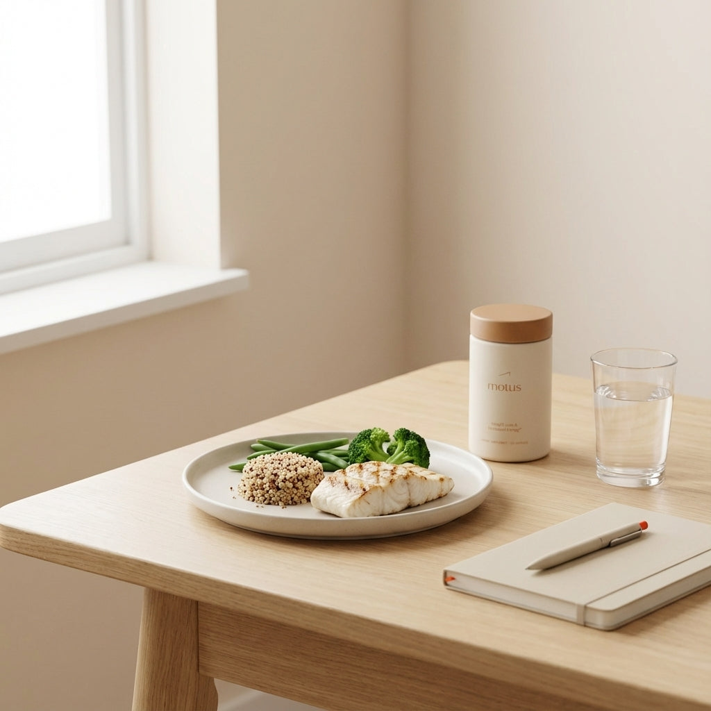 Minimalist wooden table with a balanced plate of lean protein, vegetables and whole grains, glass of water, notebook and a Tonum Motus container suggesting ways to lower blood sugar.