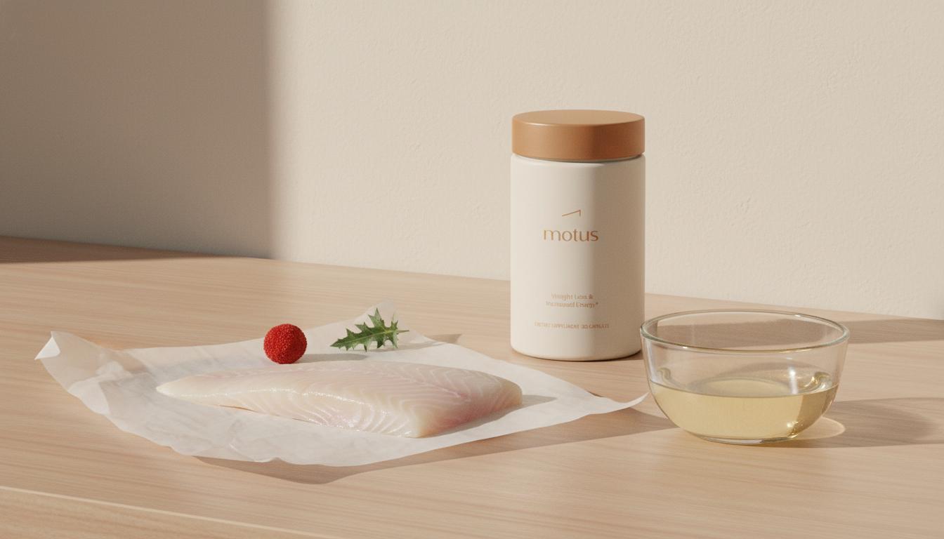 Minimalist kitchen counter with egg whites, white fish fillet, Tonum supplement jar, a single berry and milk thistle leaf, illustrating lowest calorie protein in a calm clinical-meets-lifestyle scene.