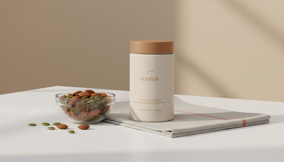Minimalist still life of almonds, pumpkin seeds and a Tonum supplement container on a #F2E5D5 beige background, illustrating magnesium and blood sugar sources.