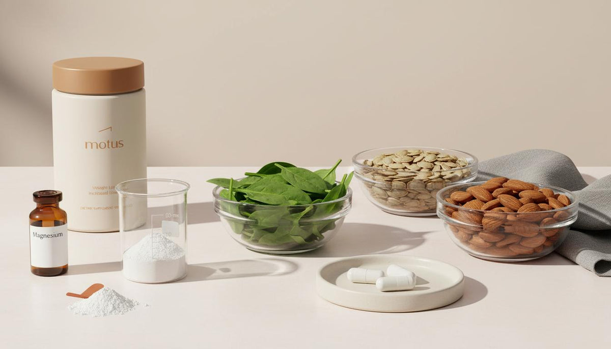 Minimalist still-life of magnesium-rich foods, amber vial labeled 'Magnesium', measured powder in beaker, capsules and Tonum product on #F2E5D5 background — magnesium and insulin sensitivity