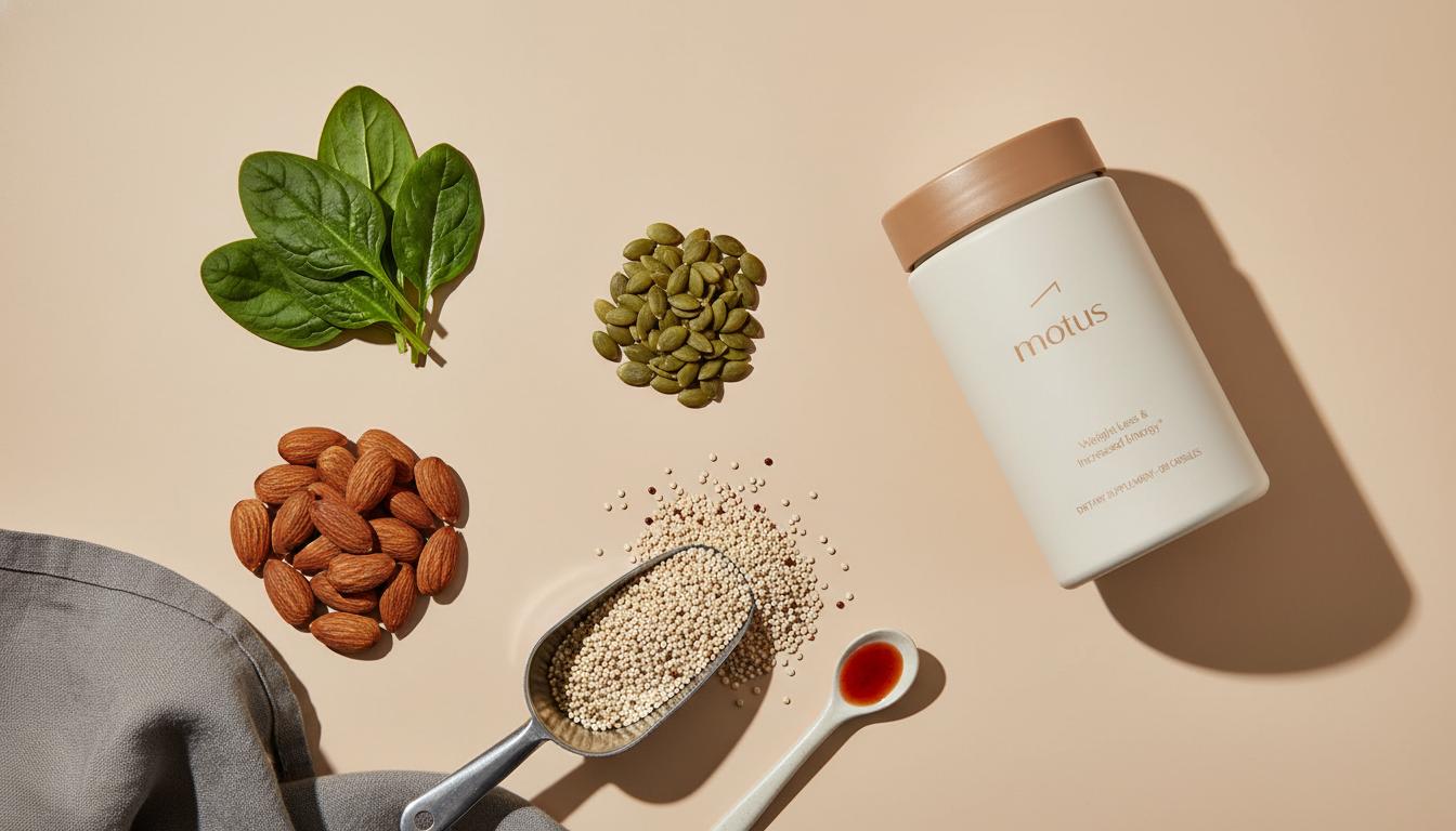 Minimalist flat-lay of magnesium-rich foods (spinach, almonds, pumpkin seeds, quinoa) with a Tonum supplement jar on beige background #F2E5D5, highlighting magnesium for brain fog