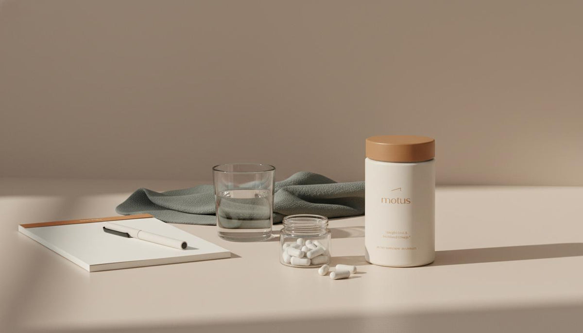 Minimalist still-life of a Tonum supplement jar with magnesium capsules beside a glass of water and a notepad with an orange corner accent, illustrating magnesium for cravings.