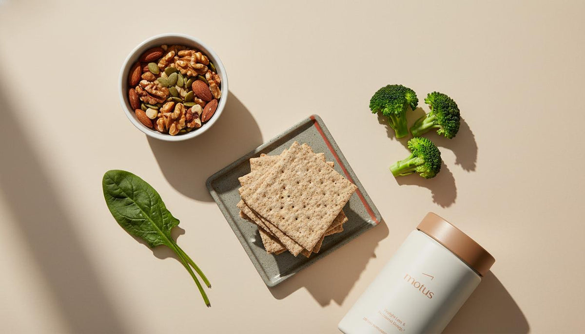 Flat-lay of magnesium-rich foods (nuts, seeds, whole-grain crackers, leafy greens, broccoli) with a subtle Tonum supplement container at the edge, promoting magnesium for insulin sensitivity.