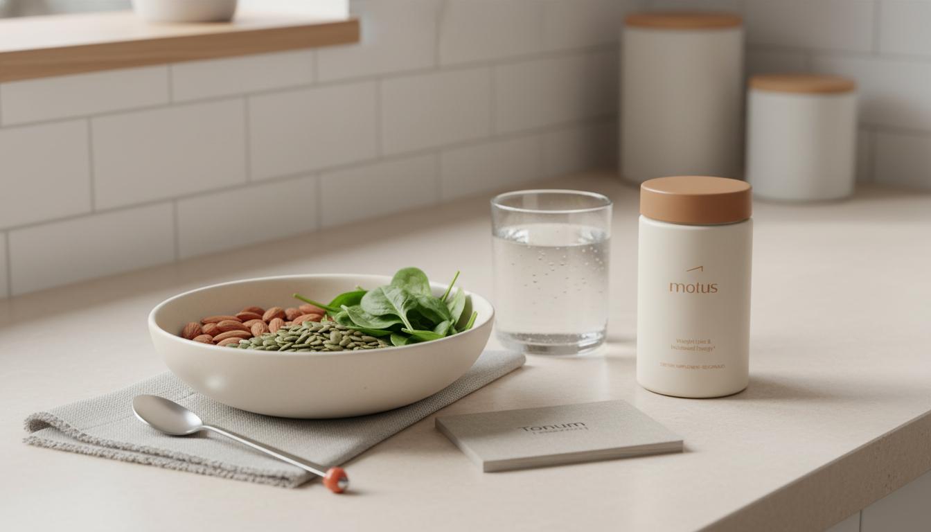 Minimal kitchen counter with bowl of almonds, pumpkin seeds, spinach and water next to Tonum product and research card, highlighting magnesium for sugar cravings