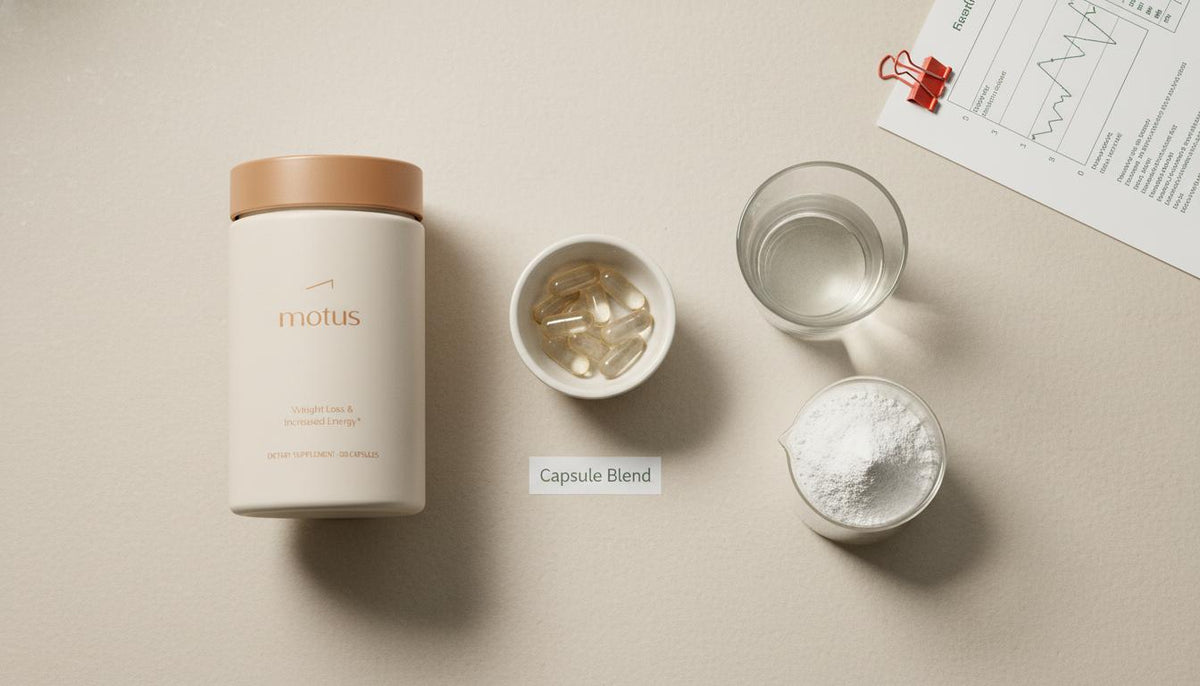Minimalist flat-lay of Tonum supplement jar, capsule bowl, glass of water and lab beaker with magnesium powder evoking magnesium glycinate insulin sensitivity