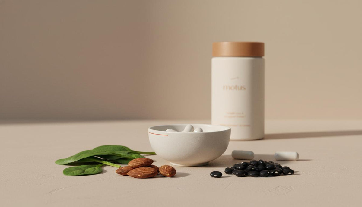 Minimalist still-life of magnesium-rich foods (spinach, almonds, black beans) with Tonum supplement and capsules on a #F2E5D5 background, highlighting magnesium insulin sensitivity.