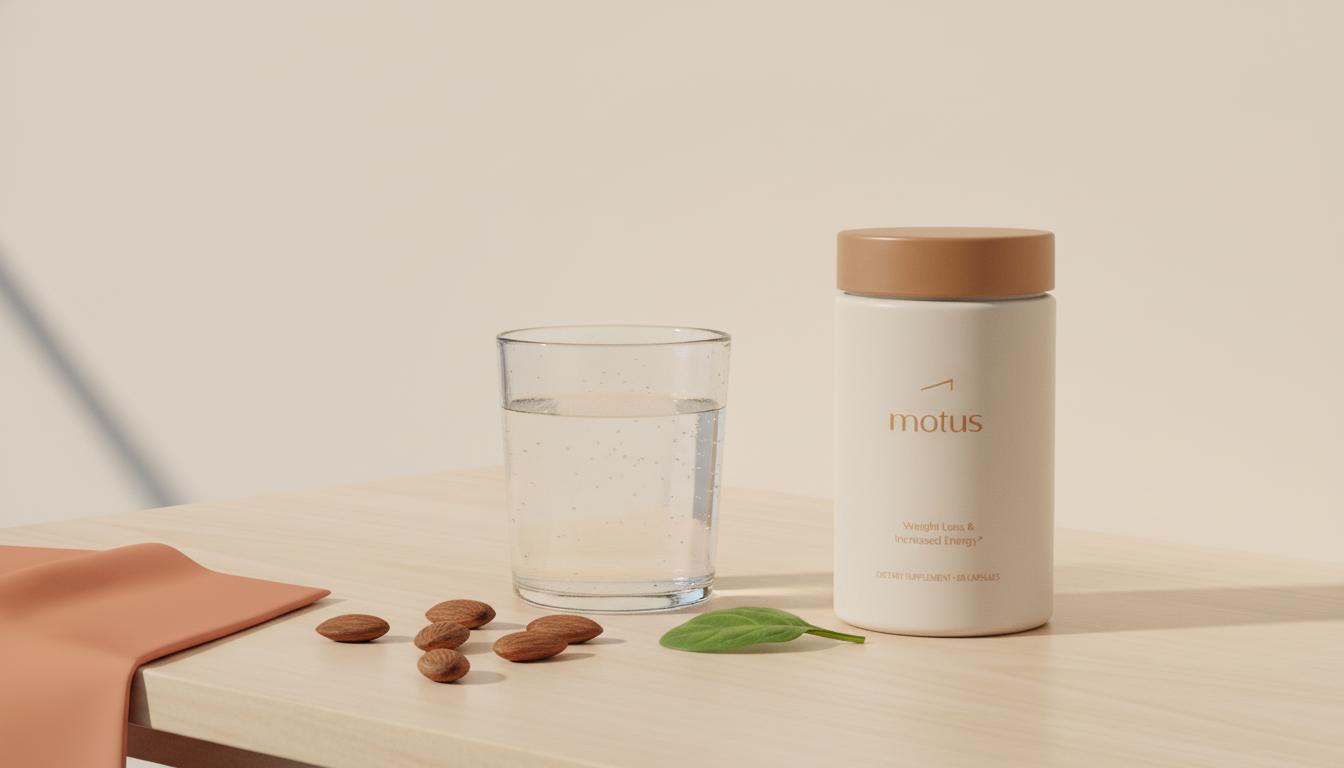 Minimalist still-life of Tonum magnesium supplement jar with glass of water, almonds and spinach on a wooden table, soft natural light, clean clinical-meets-lifestyle look.
