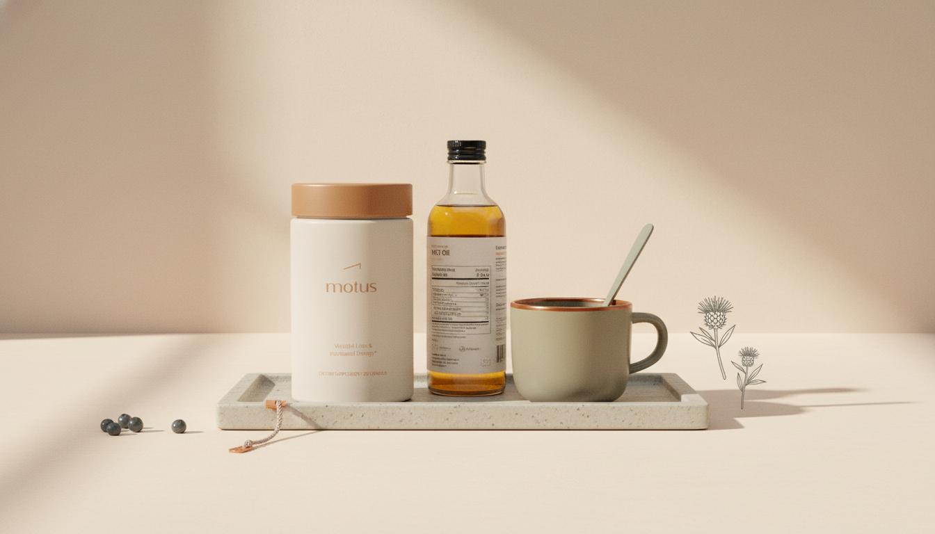 Minimalist kitchen counter with Tonum supplement jar, unlabeled glass MCT oil bottle and neutral cup, subtle berry and milk thistle icons — mct oil interactions