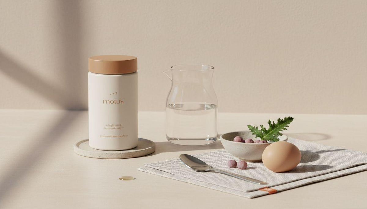 Minimalist kitchen still life showing Tonum Motus supplement jar, a spoon with an oil droplet, glass pitcher, and natural icons (berries, milk thistle, egg) illustrating mct oil liver effects.