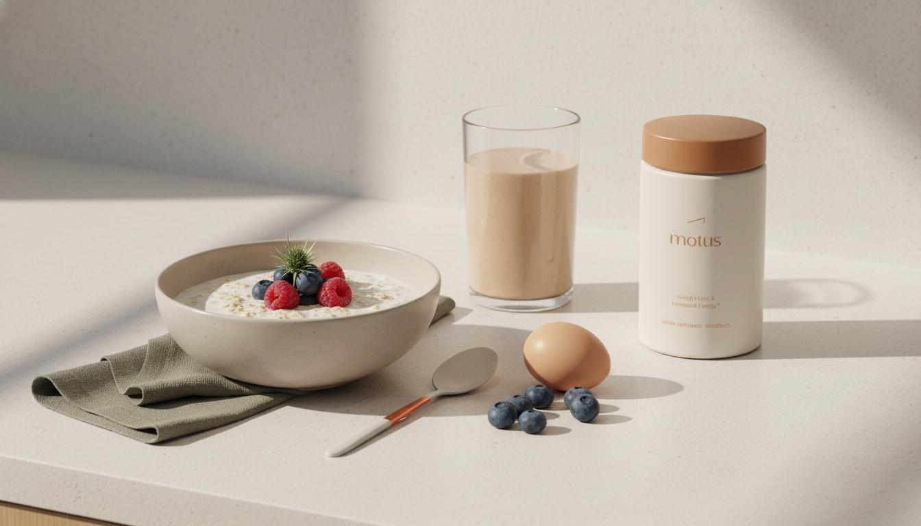 Minimalist sunlit kitchen counter with oats bowl, creamy shake, berries, egg and Tonum Motus jar — visual comparison for meal replacement vs protein shake