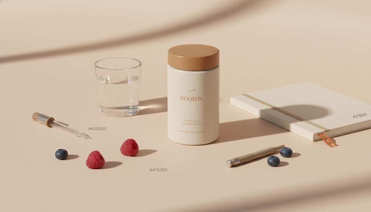 Tonum Motus bottle on a soft beige surface with a glass of water, neutral notebook, lab pipette and berries in a minimalist clinical style — medications to reduce cravings