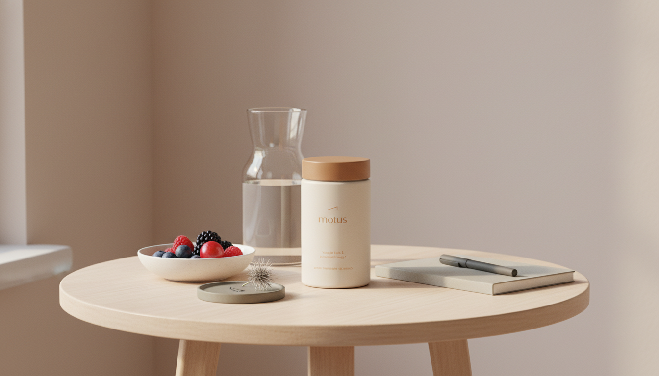Minimalist morning workspace with Tonum supplement jar, carafe, and bowl of berries conveying routine for memory and focus in a bright, calm setting.
