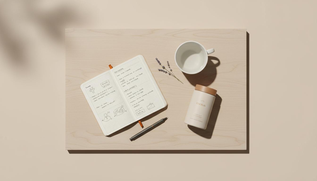 Minimalist flat-lay of a wooden desk with open notebook, ceramic water mug, Tonum reference supplement bottle and dried herb sprig on a #F2E5D5 background, focused on memory supplements.