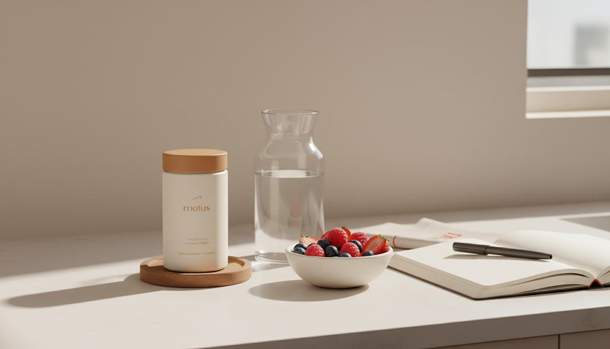 Minimal morning kitchen scene with Motus supplement jar beside a glass carafe, bowl of berries and open journal, promoting menopause belly fat supplements