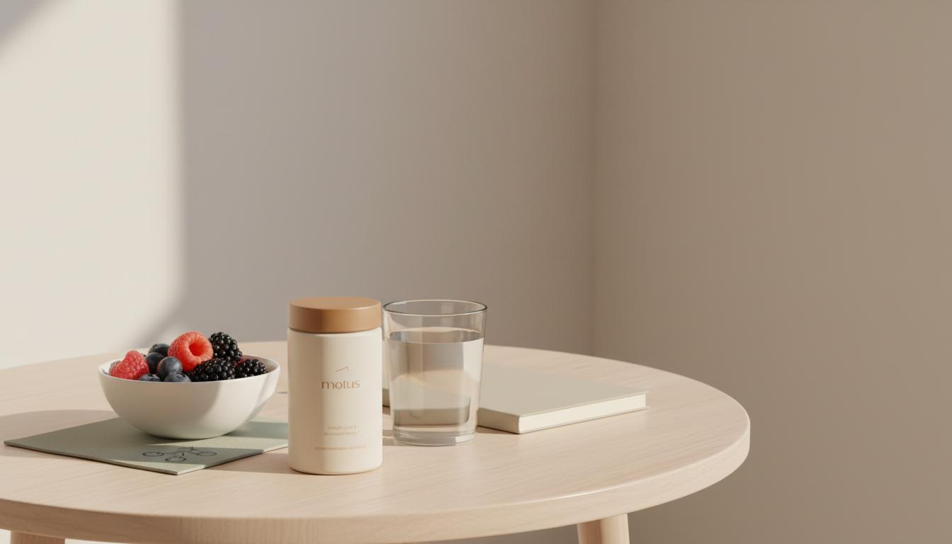 Minimalist morning scene with Motus supplement beside a bowl of berries and a glass of water on a beige background, evoking menopause weight loss diet and balanced nutrition.