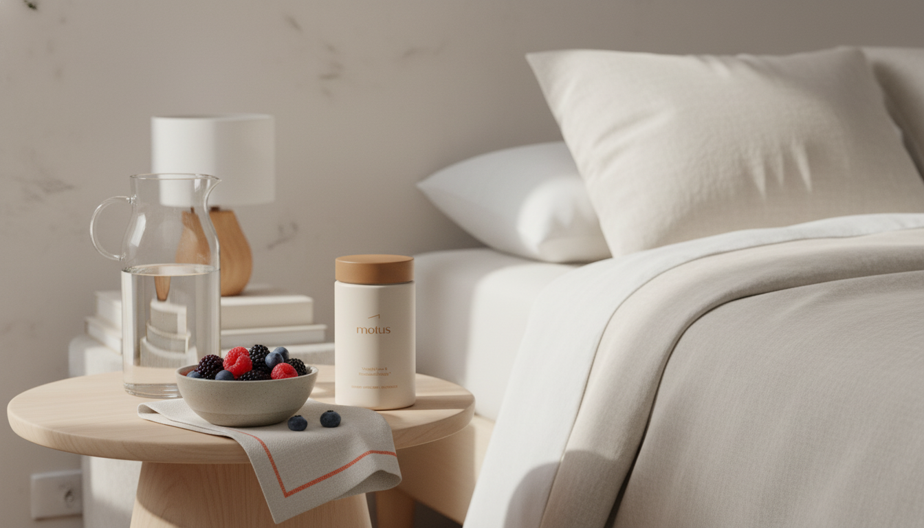 Minimalist morning scene with Tonum Motus supplement jar beside a glass carafe and bowl of berries on a wooden table, conveying science-backed menopause weight loss medication and balanced wellness.