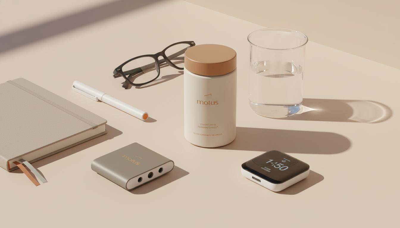 Minimalist flat lay of the Tonum Motus supplement container beside a journal, glasses, sleep tracker and lab beaker on a soft beige background for a metabolic coach article.